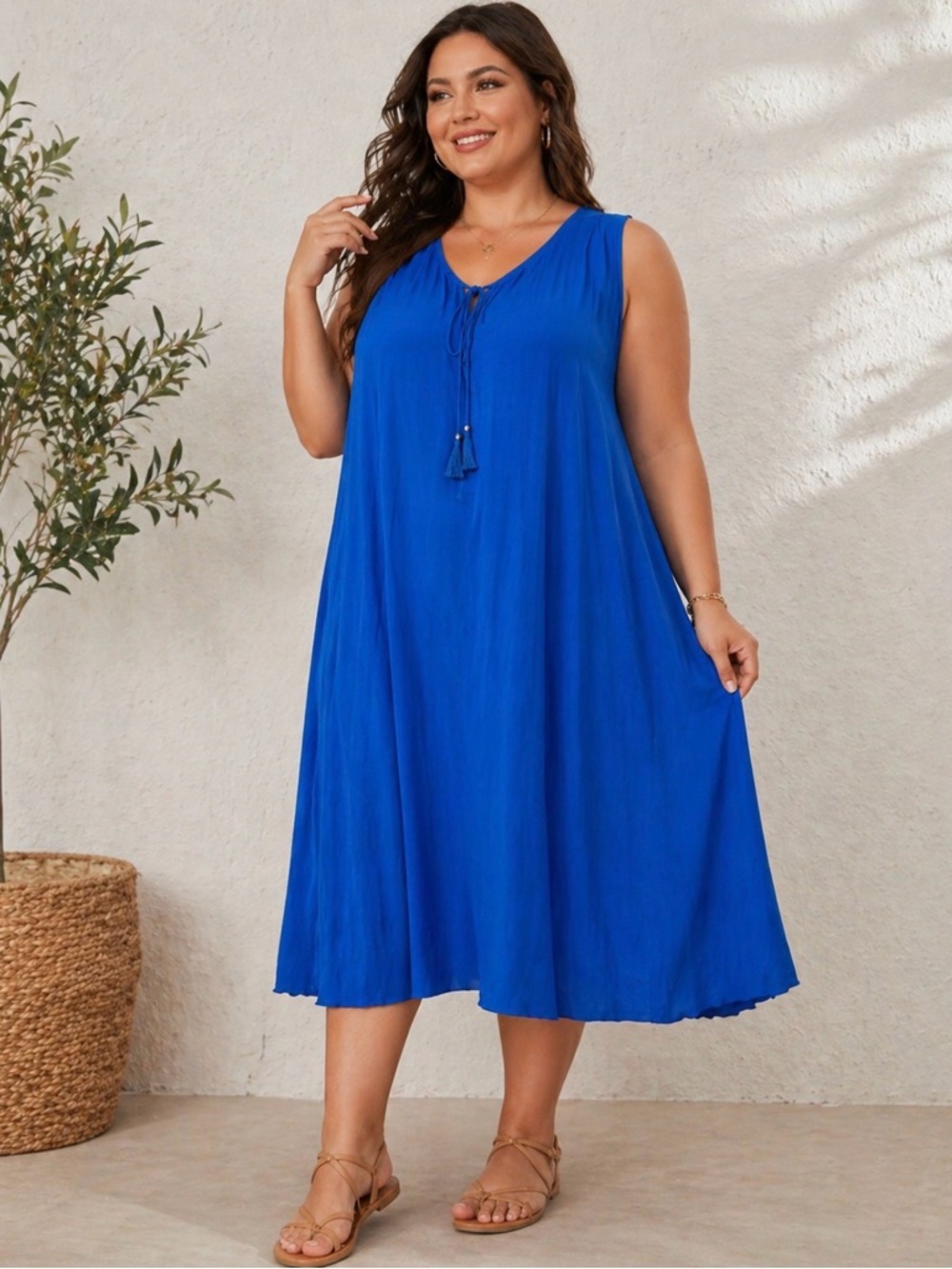 Roaman's blue  spandex stretch shark bite sleeveless dress 38/40 Plus Size DC2